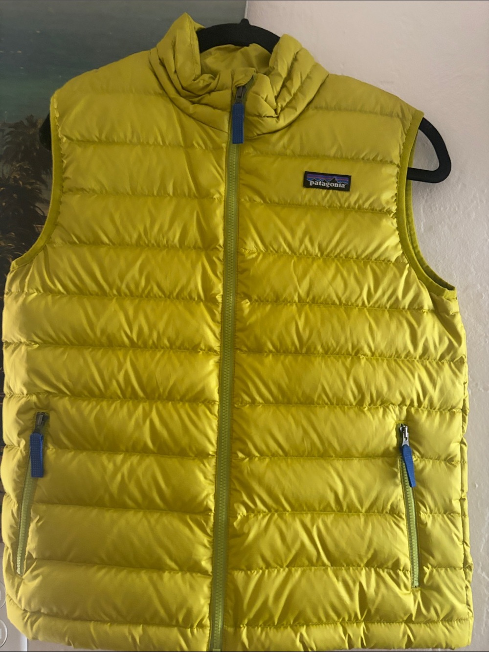 Patagonia Yellow Packable Down Vest with Blue Accents